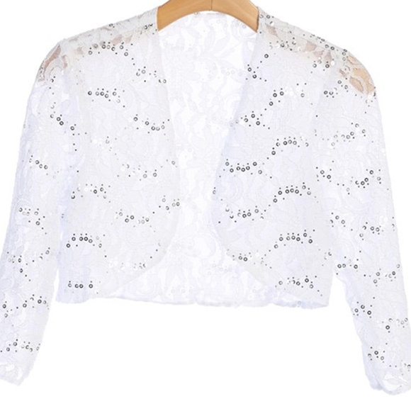 Lace Bolero Jacket White Sequins 3/4 Sleeves Lined - Picture 2 of 5